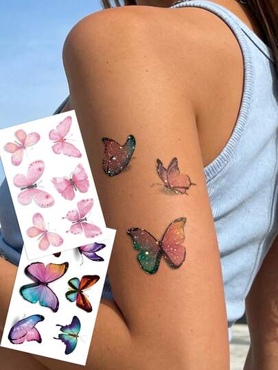 STARTTOOS 闪亮蝴蝶临时纹身贴纸 - 简约闪亮彩色蝴蝶设计，Y2K风格，适合音乐节、DIY动漫展、嘉年华、情人节、派对礼物等场合，防水逼真纹身贴纸，可贴于手腕、脚踝、肩膀、脖子、锁骨、身体其他部位。