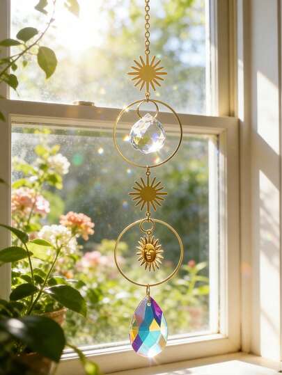 1 pieza Decoración de sol y cristal estilo bohemio, atrapasueños con diseño de sol dorado y cristal prisma arcoíris colgante, adecuado para decoración de ventanas y paredes, encanto de luz solar soñadora para dormitorio, sala de estar, balcón, jardín, boda y fiesta, accesorio colgante con tema de sol bohemio, difusor de energía positiva del sol