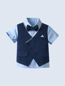 BOARNSEORL Bộ trang phục quý ông 2 món cho bé trai - Áo sơ mi tay ngắn có nơ và quần short màu xanh navy, thời trang và sành điệu cho tiệc sinh nhật, sinh nhật lần thứ 1, đám cưới, tiệc chiêu đãi - Màu xanh hải quân - Xem 3
