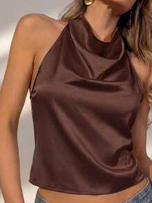 Solid Satin Top With Pleated Collar Design, Sexy Open Back, Suitable For Dates, Beach Vacations, Outings In Spring And Summer - Brown - View 4
