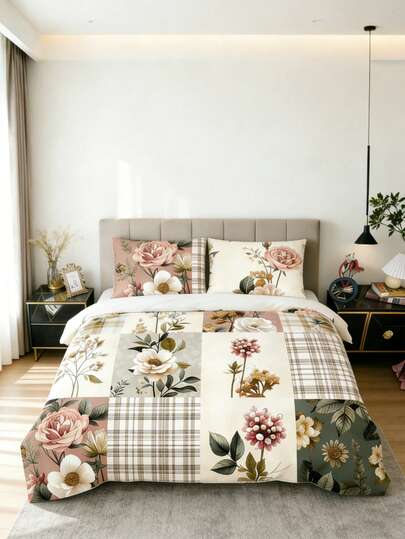 3 Piezas Juego de Ropa de Cama de Lujo Vintage con Estampado Floral a Cuadros Patchwork (1 Funda Nórdica + 1/2 Funda de Almohada sin Relleno), Juego de Ropa de Cama Suave, Cálido y Acogedor para Dormitorio, Habitación de Invitados, Decoración Estampado de Planta de Rosa Piel Suave y Amigable