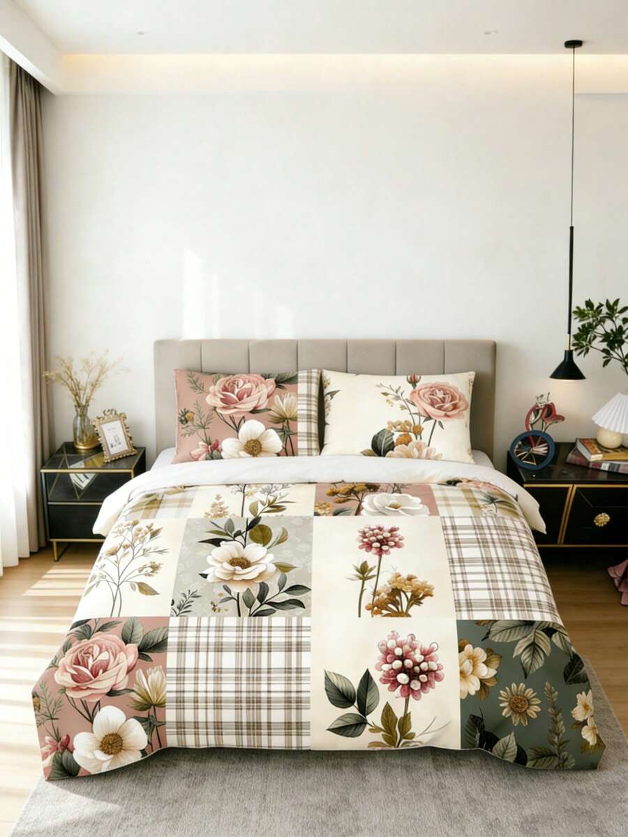 3Pcs Luxury Vintage Floral Plaid Patchwork Duvet Cover Pillow Pattern Is Random Duvet Cover Set (1 Duvet Cover + 1/2 Pillowcase Without Pillow Insert), Bedding Set, Soft Warm And Cozy Bedding Set For Bedroom, Guest Room, Dormitory Decoration Set Rose Plant Print Soft Skin-Friendly Luxury Bedding - Multicolor - View 1
