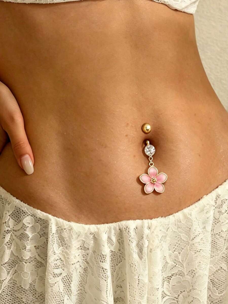 1件夏季度假风粉色珐琅五瓣花肚脐环，性感欧美时尚优雅女士肚脐环，适合日常搭配、派对、海滩旅行和度假。 - 粉色 - 查看 1
