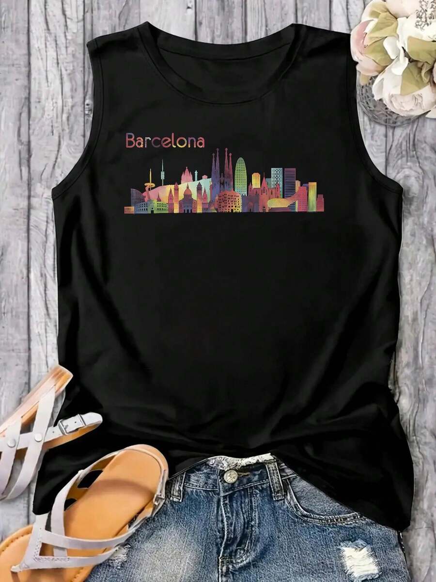 Women'S Plus Size Travel Barcelona Spain Europe Spain Family Vacation Print Casual Tank Top, Breathable Sleeveless Vest, Summer Vacation & Workout Gym Cami, Machine Washable Round Neck Vest Shirt - 黑色 - 查看 1