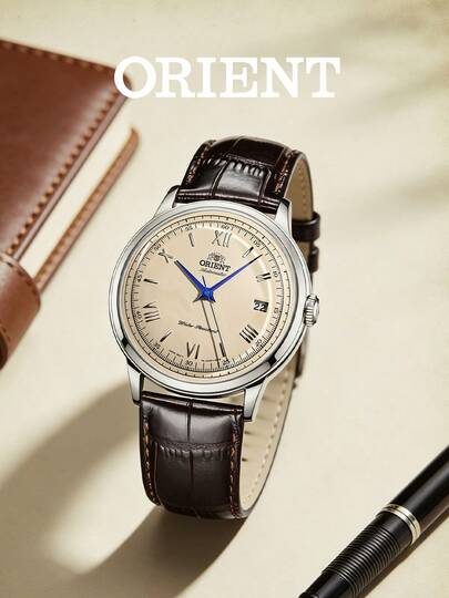 Orient Men's Vintage Automatic Watch Champagne Cream Dial Blue Hands Roman Numeral Luxury Mechanical Timepiece, Genuine Leather Band Wristwatch For Weekend Music Festivals City Shopping Casual Parties, Top Holiday Birthday Groomsmen Gift For Dad Partner