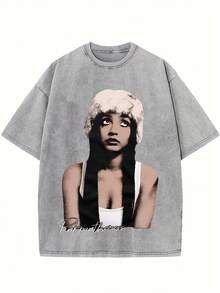 Black Vintage Washed Cotton Tee For Women 18-50 Pinkpantheress Signature Graphic Print Indie Pop Streetwear Loose Fit Top - 灰色 - 查看 1