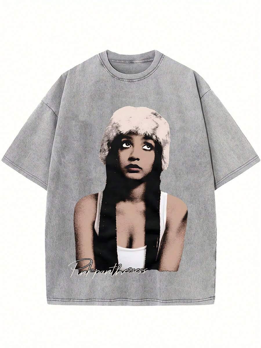 Black Vintage Washed Cotton Tee For Women 18-50 Pinkpantheress Signature Graphic Print Indie Pop Streetwear Loose Fit Top - 灰色 - 查看 1