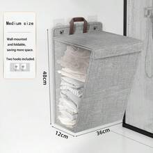 1PC Beige/Gray Hanging Laundry Hamper With Lid, Large-Capacity Wall-Mounted Clothes Storage Bag, Home Storage & Organization, Minimalist Style, Linen-Like Material, Rectangular Shape, With Visible Mesh Window & Leather Handle - Multicolor - View 5