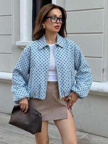 Chaqueta de mujer de lunares azul claro con bolsillo con cremallera - Casual, holgada, cuello alto, ropa de exterior para primavera/otoño - Celeste - Ver 8