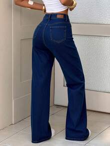 Pantalones de mezclilla rectos lavado, elásticos, efecto levantador de glúteos, control abdominal y caída amplia - Azul profundo - Ver 5