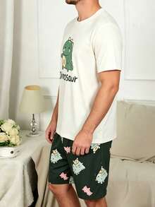 Men's Cartoon Dinosaur Print Short Sleeve Shorts Pajama Set, Summer - Multicolor - View 5