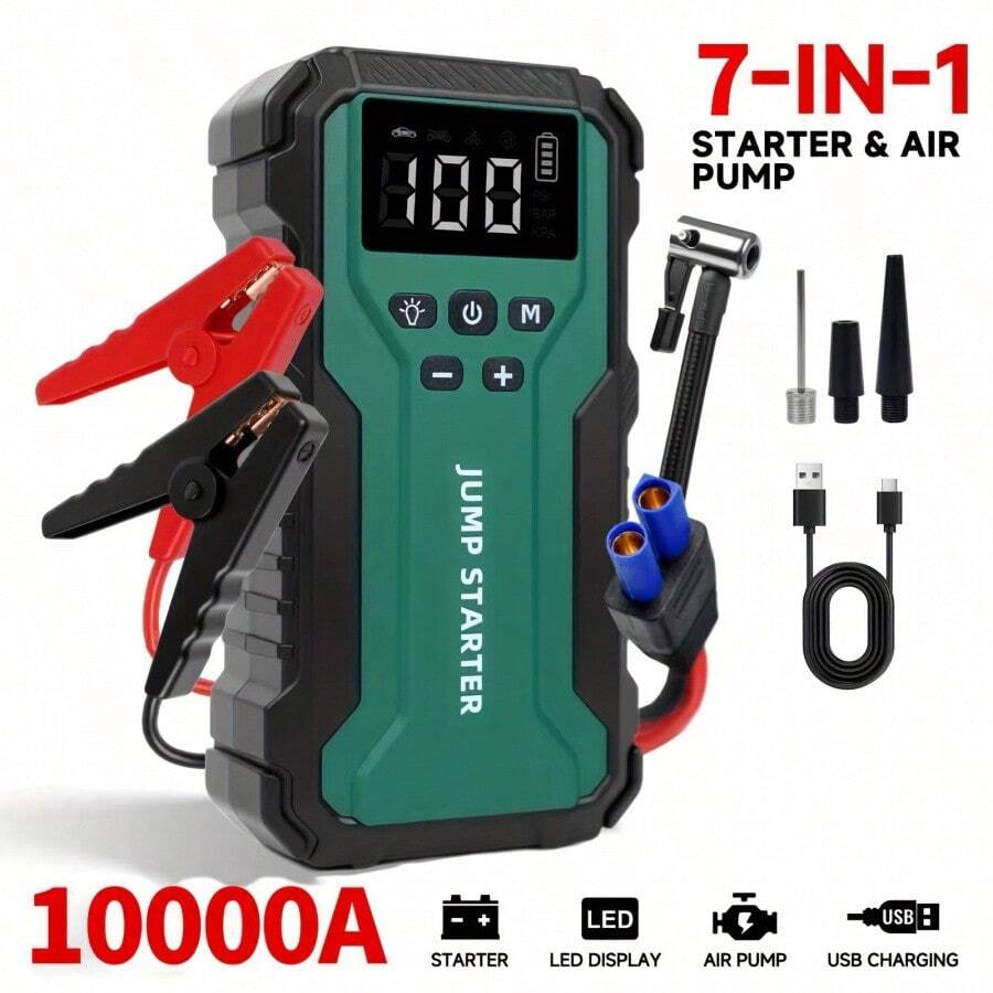 汽車電池啟動器附 150PSI 充氣泵，可攜式汽車啟動器含自動關機胎壓充氣機，附跳線與照明燈