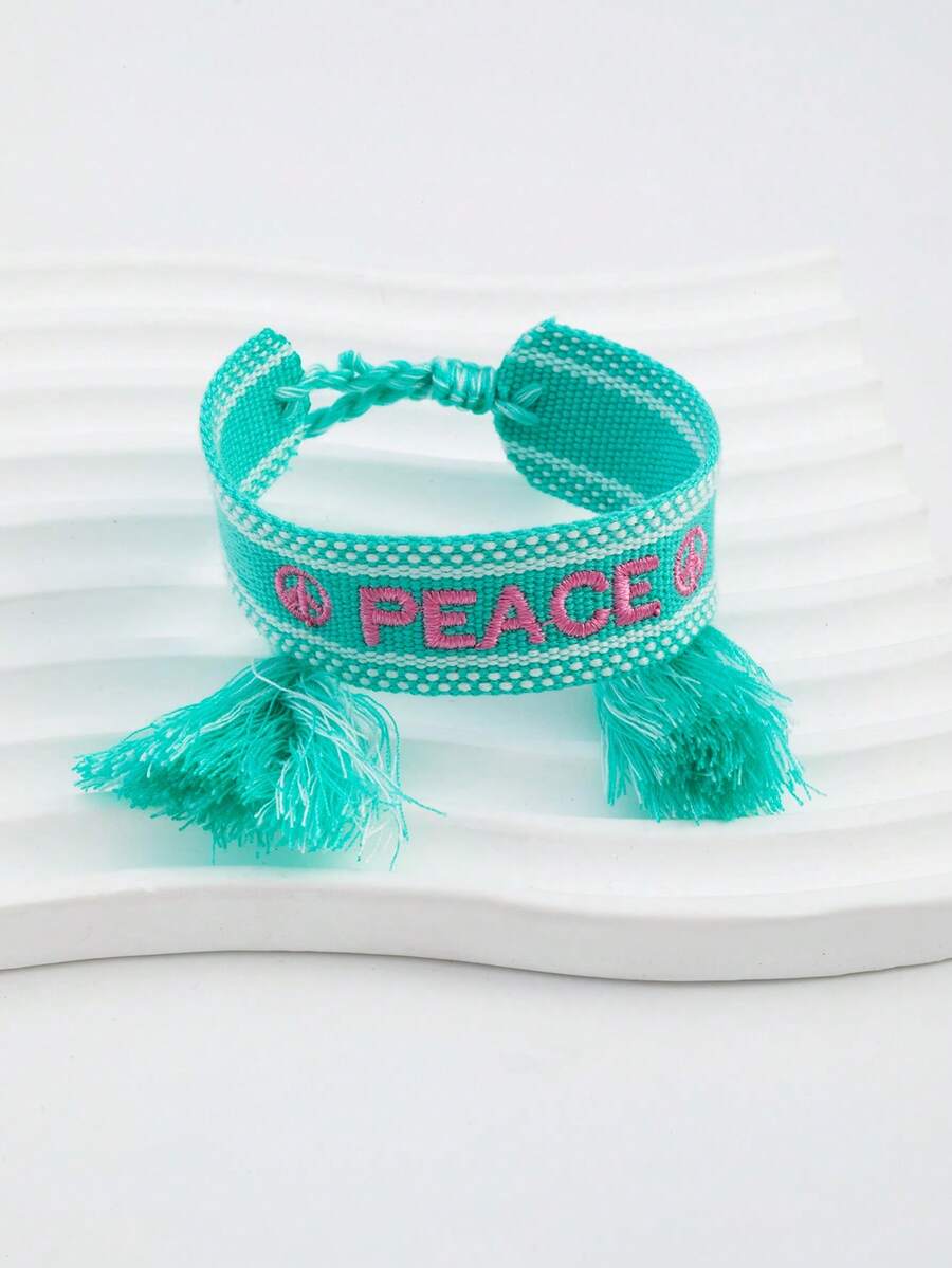 1pc Fashionable Embroidered Letter Handmade Woven Bracelet, Gift For Friends - Cadet Blue - View 1
