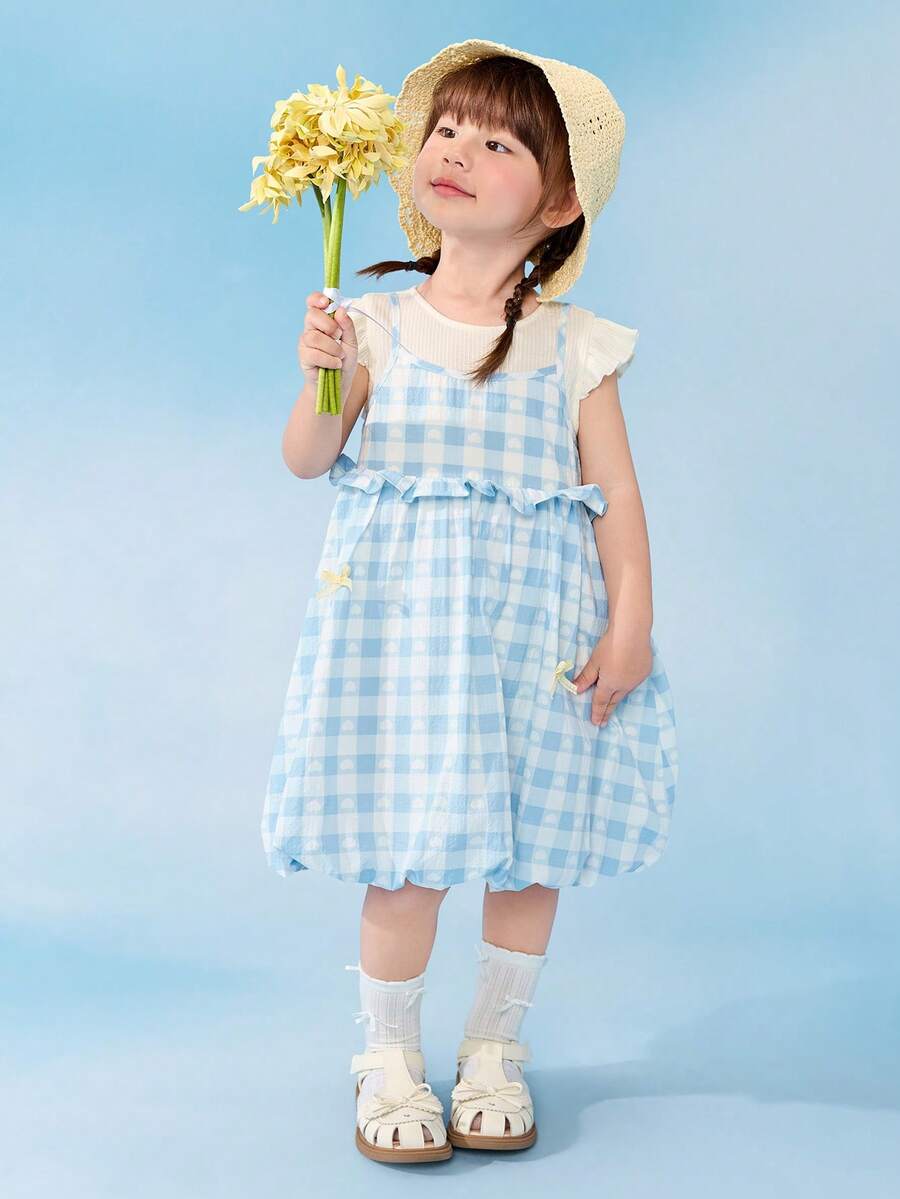 Balabala 2026新款女婴夏季叠层连衣裙，柔软棉质花朵裙摆，甜美可爱设计，轻盈透气，打造俏皮日常公主风 - 藍白色調 - 查看 1