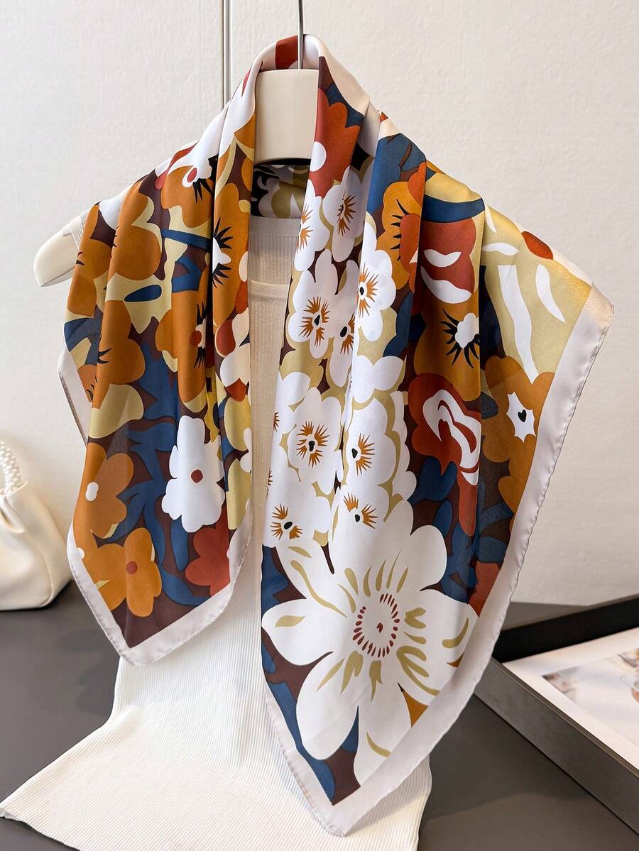 1 pieza Pañuelo cuadrado de seda con estampado floral vintage, adecuado para playa, calle, diario, vacaciones, negocios, decoración de moda - FG322-1 Color caramelo - Ver 1