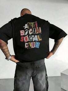 Graphic Tees Men, OMSTUDIO Double-Sided Colorful Anti Social Club Pattern, 180g Cotton Crew Neck Short Sleeve T-Shirt, Cropped Graphic, Street Wear, Oversized, Big And Tall, Free Shipping Men's T-Shirt - 黑色 - 查看 4