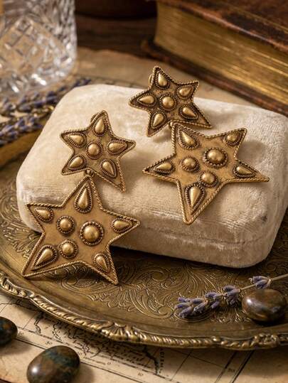 1 par de pendientes de botón con diseño de estrella doble vintage desgastado para mujeres, pendientes de pentágono metálico exagerado, pendientes de declaración de diseño único, adecuados para ir al trabajo y como regalo