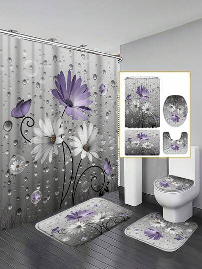 1/3/4pcs Purple Daisy Water Bead Bathroom Set, Home Decoration, Bathroom Curtain, Bathroom Curtains, Shower Curtain Set, Full Set Of Bathroom Supplies, Including Shower Curtain And Floor Mat Set. Multi Sized Shower Curtain Sizes (72in X 72in, 35.4in X 72in, 47.2in X 72in, 59in X 72in) And Matching Sets, Made Of Polyester Fabric That Is Mold Resistant, Durable, And Non Fading