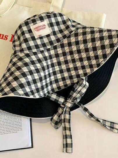 1 chiếc mũ chống nắng hai mặt kẻ caro dành cho nữ, vành rộng chống tia UV, thích hợp đi biển/du lịch/câu cá, có nơ trang trí, thời trang và tối giản, phù hợp cho chạy bộ, hoạt động ngoài trời, tennis, leo núi, chơi golf, v.v.