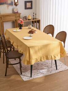 1pc Minimalist Style Yellow Plaid Ruffle Tablecloth, American Farmhouse Style Kitchen, Dining Table, Coffee Table, TV Stand, Entryway, Suitable Holidays, Parties, Weddings, Banquets, All Season Photography Background - Yellow - View 9