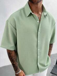 Men's Solid Color Short Sleeve Single-Breasted Casual Shirt - Green - View 4