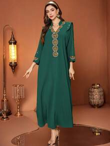 Đầm maxi cổ chữ V đính cườm độc đáo, màu xanh ngọc lục bảo, trang phục Hồi giáo kiểu Ả Rập dành cho phụ nữ. - Màu xanh lá cây đậm - Xem 4