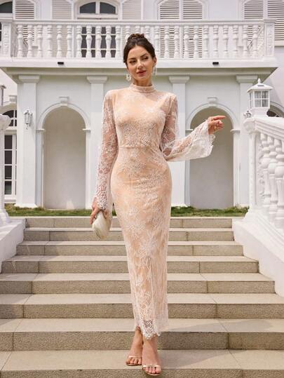 Women's Mock Neck Long Sleeve Lace Patchwork Bodycon Maxi Dress