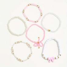 6-Pack Glass Rice Bead Imitation Pearl Soft Ceramic Handmade Bead Layered Bracelet Pink Series Women's Jewelry Cute And Sexy Versatile Vacation Y2K Bow Love Bracelet Set Stainless Steel Jewelry,  Items For Girls - 粉色 - 查看 6