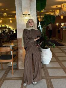 女士棕色条纹纽扣长袖修身梭织衬衫，开领设计，春季款 - 棕色 - 查看 1