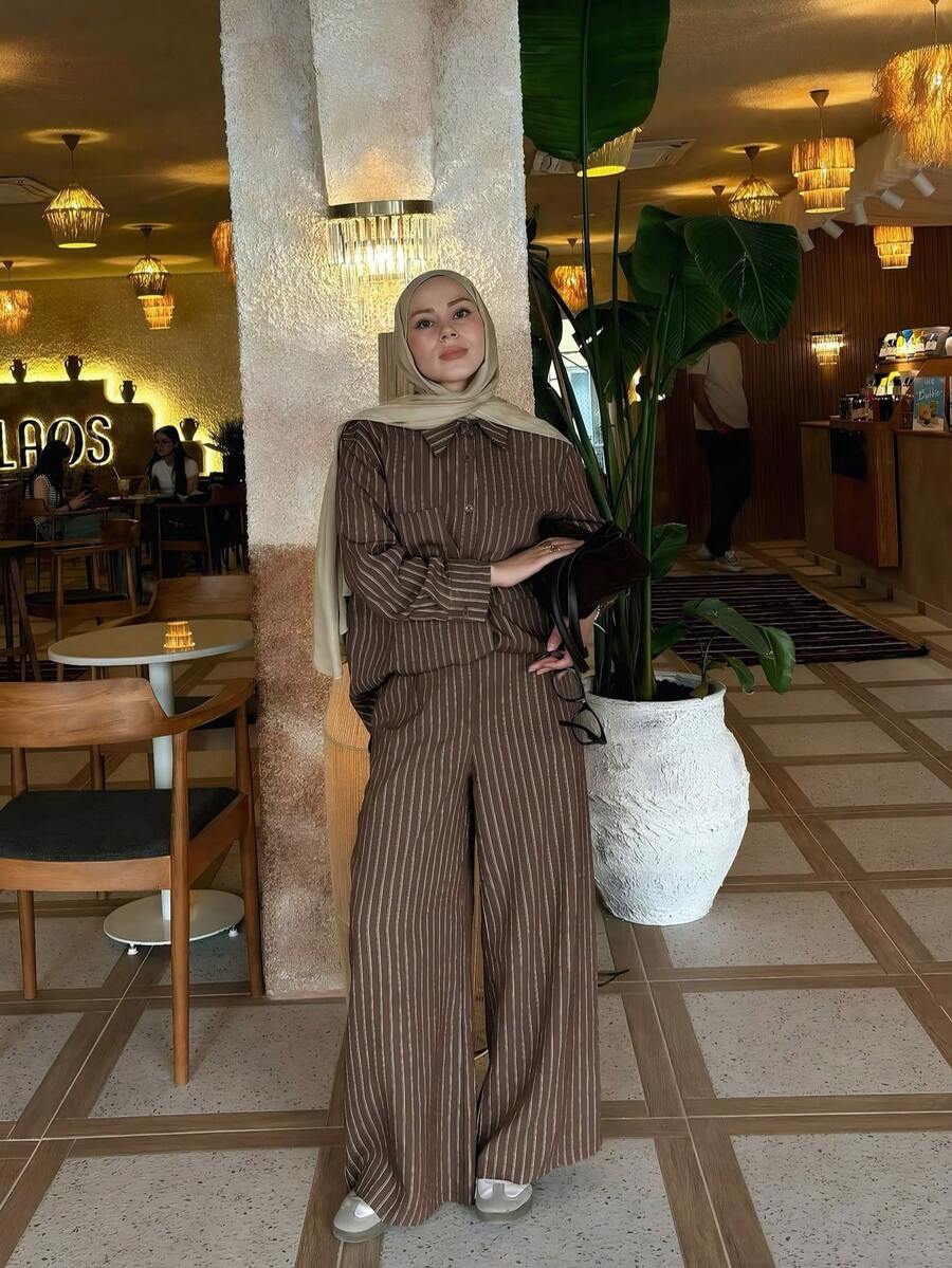 女士棕色条纹纽扣长袖修身梭织衬衫，开领设计，春季款 - 棕色 - 查看 1