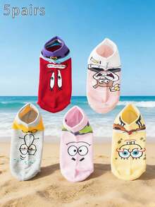 SpongeBob SquarePants 5 Pairs Women's Cartoon Ankle Socks, Thin Casual Sports Socks, Spring/Summer - Multicolor - View 8