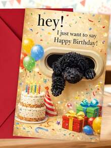 1张可爱黑色贵宾犬“生日快乐”贺卡。包含信封，采用优质哑光纸。狗狗穿过猫门，生日派对主题设计。送给爱狗人士的完美之选——理想的喜庆生日贺卡（12厘米/4.7英寸 x 17厘米/6.7英寸） - 紅色信封 - 查看 3