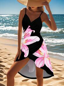 Women's Floral Print Beach Cover Up, Casual Wrap Dress For Summer Vacation Pink - Pink - View 3