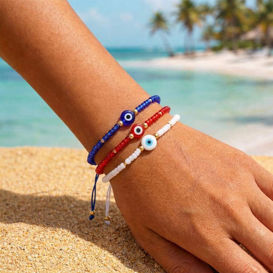 3 chiếc vòng tay mắt quỷ phong cách Boho, vòng tay mắt quỷ màu xanh hải quân có thể điều chỉnh, vòng tay dệt, vòng tay đeo chồng lên nhau, quà tặng mùa hè đi biển, quà sinh nhật, quà tặng bạn bè, quà tặng đi biển.