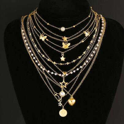 Bộ 8 dây chuyền ngọc trai giả kiểu dáng tối giản, thanh lịch hình bướm, trái tim, ngôi sao, mặt trăng, đồng xu, thích hợp cho nữ giới trong các dịp lễ, tiệc tùng, liên hoan, lễ hội, sinh nhật và đeo hàng ngày.