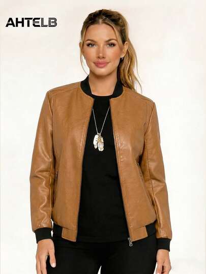  Áo khoác da PU nữ AHTELB chống gió và giữ ấm kiểu dáng mô tô, áo khoác da nữ mùa xuân và mùa thu, trang phục da phong cách Anh Quốc cá tính, áo khoác gió ngoài trời có khóa kéo và nhiều túi, thích hợp cho mùa xuân và mùa thu.