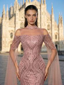 优雅粉色无肩带长袖亮片刺绣鱼尾晚礼服，适合正式晚宴、派对、婚礼、毕业典礼和春季舞会等场合。 - 藕粉色 - 查看 4