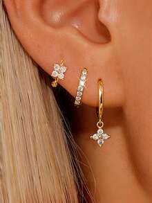 Set de 3 piezas de aretes de metal con flor de circonita estilo minimalista de lujo europeo y americano - Dorado - Ver 3