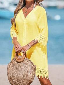 Women's Vacation Solid Color Lace Cuff Single-Breasted Long Shirt Spring - Yellow - View 3