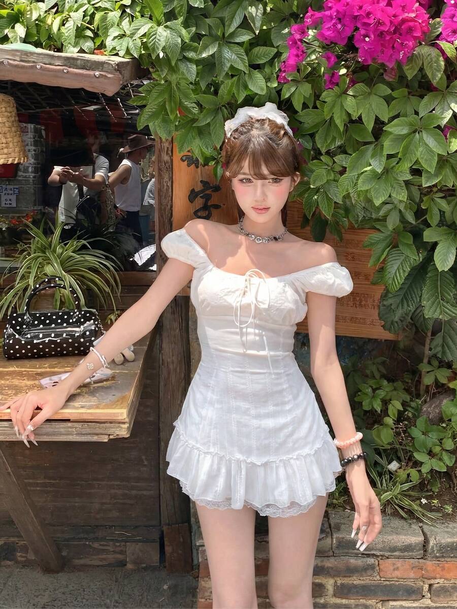 Đầm ngắn dáng chữ A tay ngắn màu trắng có bèo nhún dành cho nữ, thích hợp cho mùa xuân/hè. - trắng - Xem 1