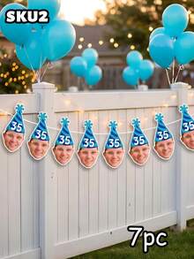 7/14/21pc Custom Photo & Number Birthday Hat Banner – Personalized Blue Striped Party Hat Garland With Face Photo | First Birthday, Back To School - Multicolor - View 12