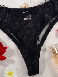 2 peças/Conjunto Lingerie Sexy Sutiã de Renda e Camisola Feminina, Conjunto de Sutiã Transparente com Alças Ajustáveis para Festa de Feriado - Preto - Visão 5