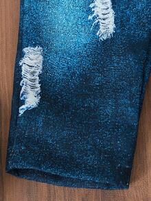 Set de 2 piezas de camiseta de manga corta con estampado de rayas y de coche y jirafa de dibujos animados, y pantalones con estampado tipo denim, para niño/niña, cómodo y ligero para el verano - Multicolor - Ver 7