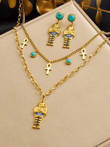 1套镀金复古滴油法老肖像吊坠十字架双层不锈钢套装女士珠宝项链耳环 - 人像 - 查看 1