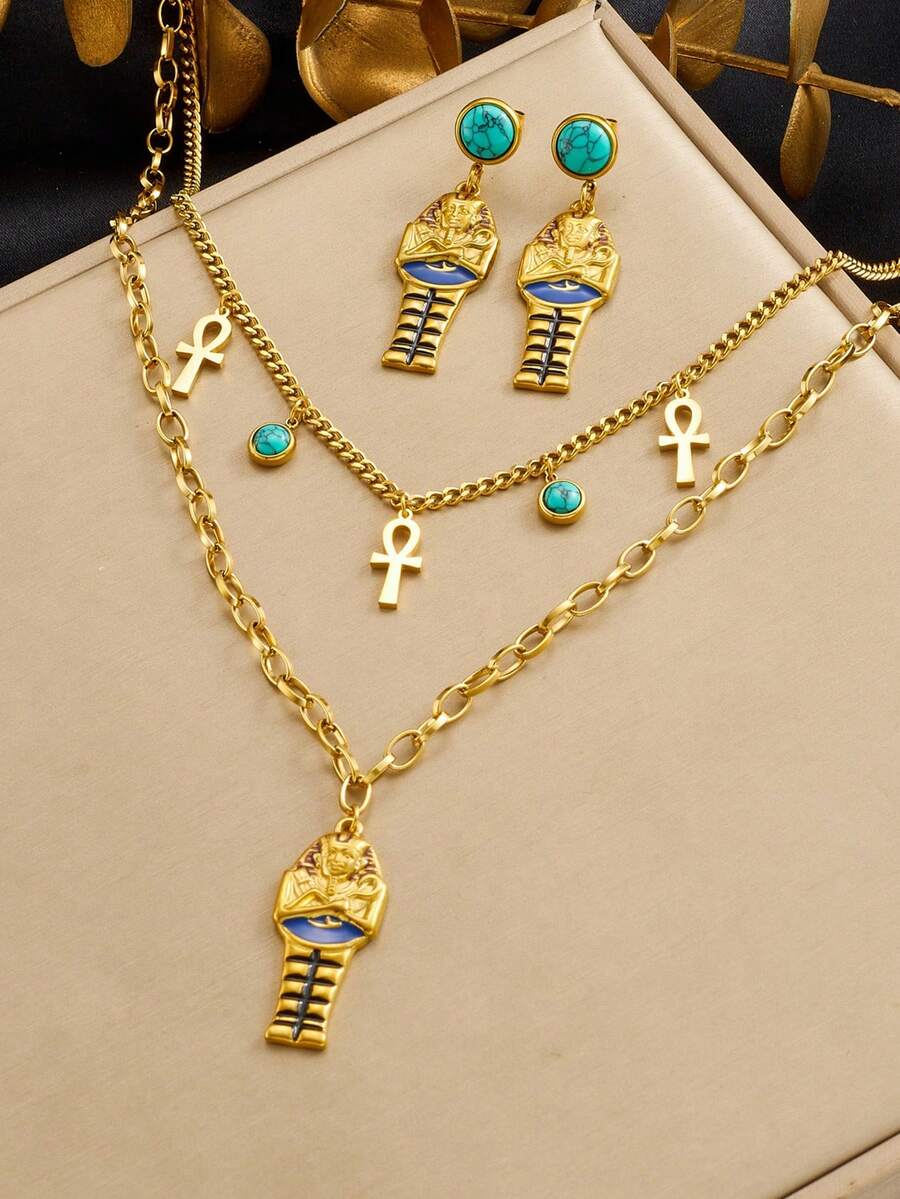1套镀金复古滴油法老肖像吊坠十字架双层不锈钢套装女士珠宝项链耳环 - 人像 - 查看 1