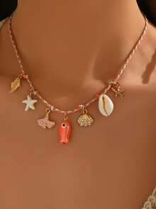 1pc Blue Bohemian Style Braided Rope Necklace With Starfish, Shell And Pendant Charms, Suitable For Summer Beach Vacation And Party - Multicolor - View 1