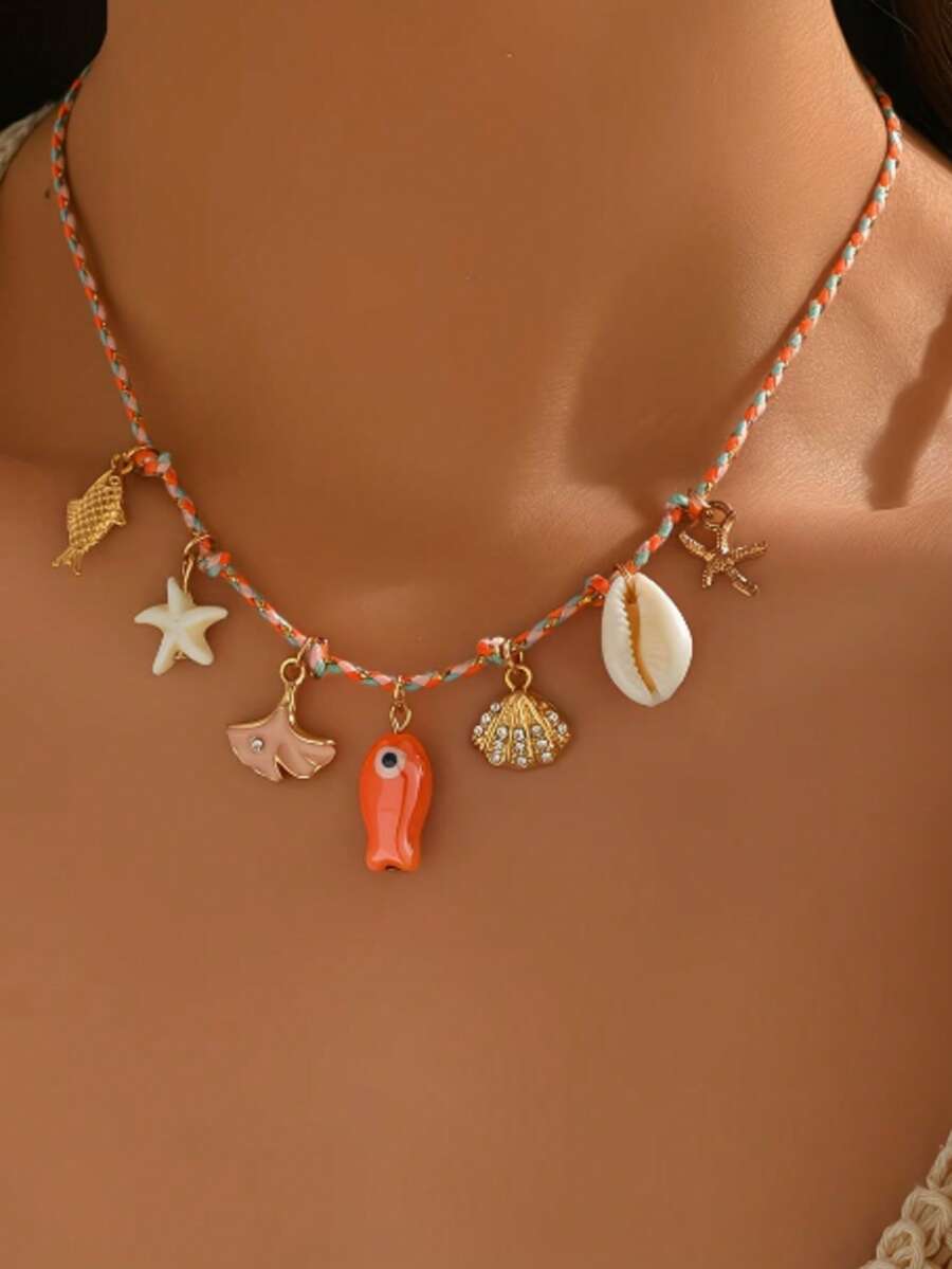 1pc Blue Bohemian Style Braided Rope Necklace With Starfish, Shell And Pendant Charms, Suitable For Summer Beach Vacation And Party - Multicolor - View 1