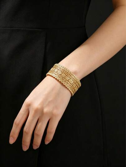 1 chiếc vòng tay mạ vàng in họa tiết hoa, vòng tay dạng còng có thể mở, vòng tay cô dâu, phụ kiện dự tiệc cưới cho nữ, quà tặng ngày lễ.