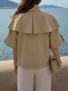 Women's Oversized Short Single-Breasted 3/4 Sleeve Cape Style Zip-Up Casual Windbreaker Jacket Spring - Khaki - View 3