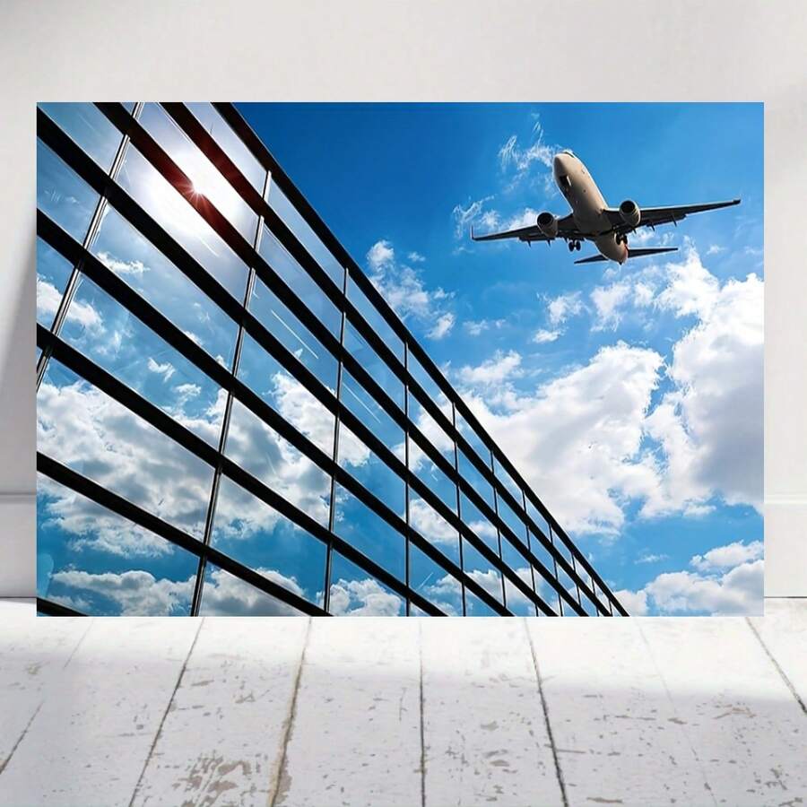 2D Plano, 1 pieza Moderno Marco Horizontal - Avión Volando sobre Paisaje Urbano Tinta en Pintura sobre Lienzo, Marco Horizontal Envolvente Adecuado para Dormitorio, Oficina - / Decoración con Temática de Aviación, Regalo de Navidad de Otoño e Invierno, 2D Plano - Enmarcado - Ver 1
